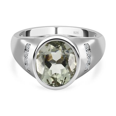 AAA Prasiolith, weißer Zirkon Ring, 925 Silber platiniert (Größe 19.00) ca. 3.52 ct