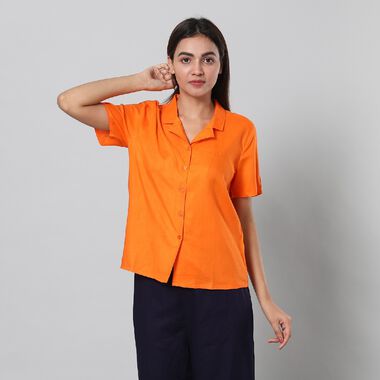 Einfarbiges Kurzarm-Top mit Knopfleiste, S, Orange