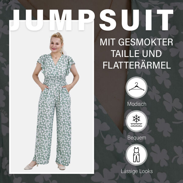 Jumpsuit mit gesmokter Taille und Flatterärmel, grün image number 1