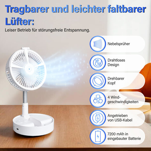 Faltbarer und wiederaufladbarer Ventilator mit LED-Licht und USB-Kabel, Weiß image number 1