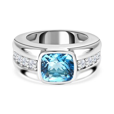 AA Elektrischer Blau Topas, weißer Zirkon Ring, 925 Silber platiniert (Größe 16.00) ca. 4.74 ct