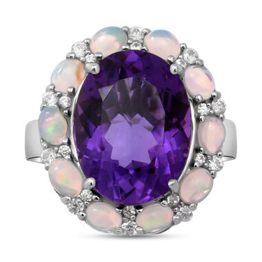 Lusaka Amethyst und natürlicher, äthiopischer Opal-Ring, 925 Silber platiniert  ca. 9,37 ct