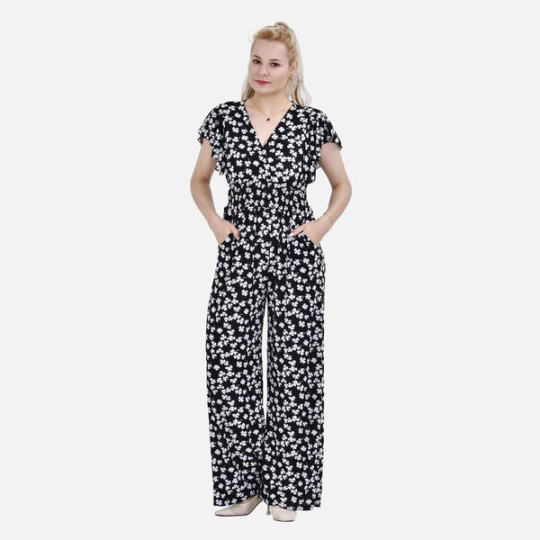 Jumpsuit mit gesmokter Taille und Flatterärmel, schwarz image number 0