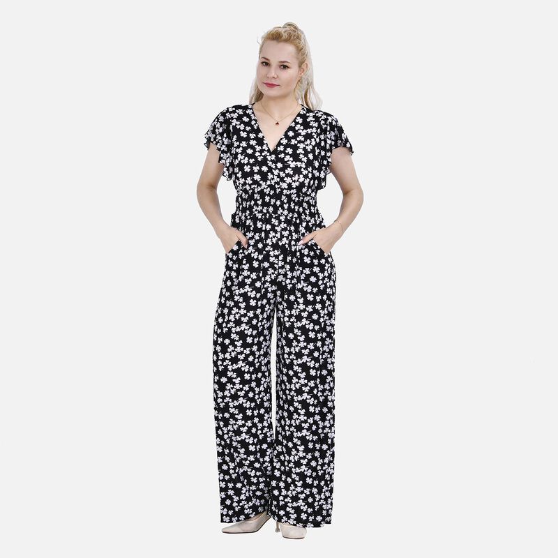 Jumpsuit mit gesmokter Taille und Flatterärmel, grün