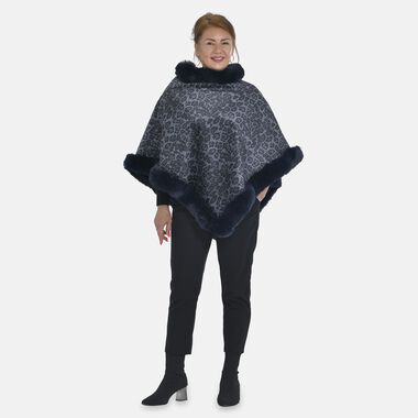 Kunstfell Poncho mit Leopardenmuster, dunkelblau