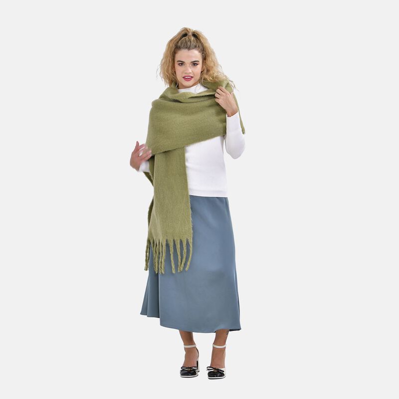 Oversized Damen Winterschal mit Fransen, Khaki image number 0