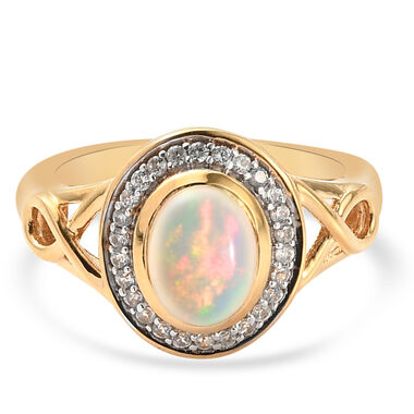 Natürlicher Äthiopischer Opal und Zirkon Ring 925 Silber vergoldet  ca. 1,08 ct