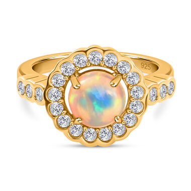 Natürlicher Äthiopischer Opal und Zirkon Halo Ring 925 Silber 585 Vergoldet