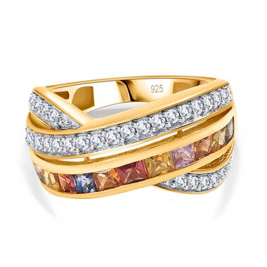 Mehrfarbig Saphir, Weißer Zirkon Ring 925 Silber Gelbgold Vermeil (Größe 17.00) ca. 2,12 ct