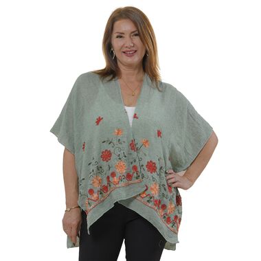 TAMSY- bestickter Kimono mit Blumenmuster, One Size, Türkis