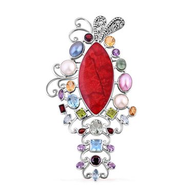 Royal Bali - Rote Koralle, Weiße Mabe Perle Brosche 925 Silber ca. 160.80 ct