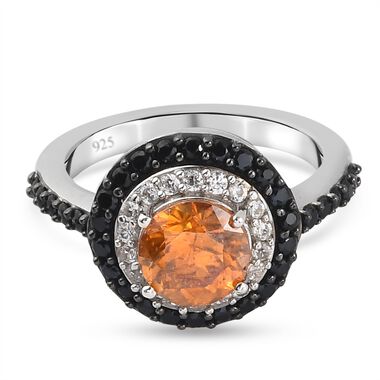 Orange Sphalerit und schwarze Spinell Ring 925 Silber Platin-Überzug