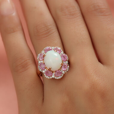 Natürlicher Äthiopischer Opal und Fissure gefüllt Rosa Saphir Ring 925 Silber Rosegold Vermeil