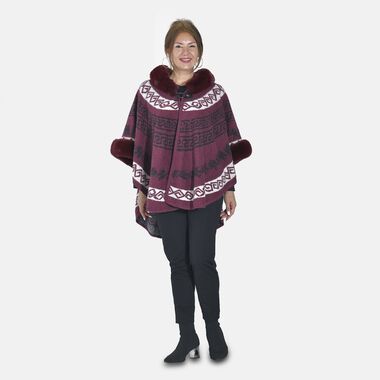 Halbmondförmiger Kapuzenponcho mit Druckknopfverschluss aus Kunstpelz, One Size, 80x109.22cm, Rot