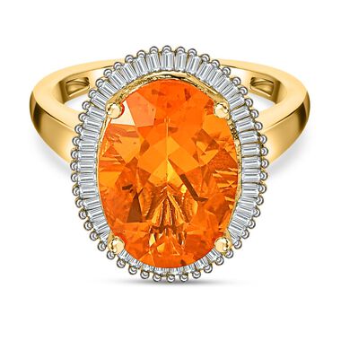 Brasilianischer Feueropal, weißer Diamant Ring, 925 Silber Gelbgold Vermeil, (Größe 17.00) ca. 4.18 ct