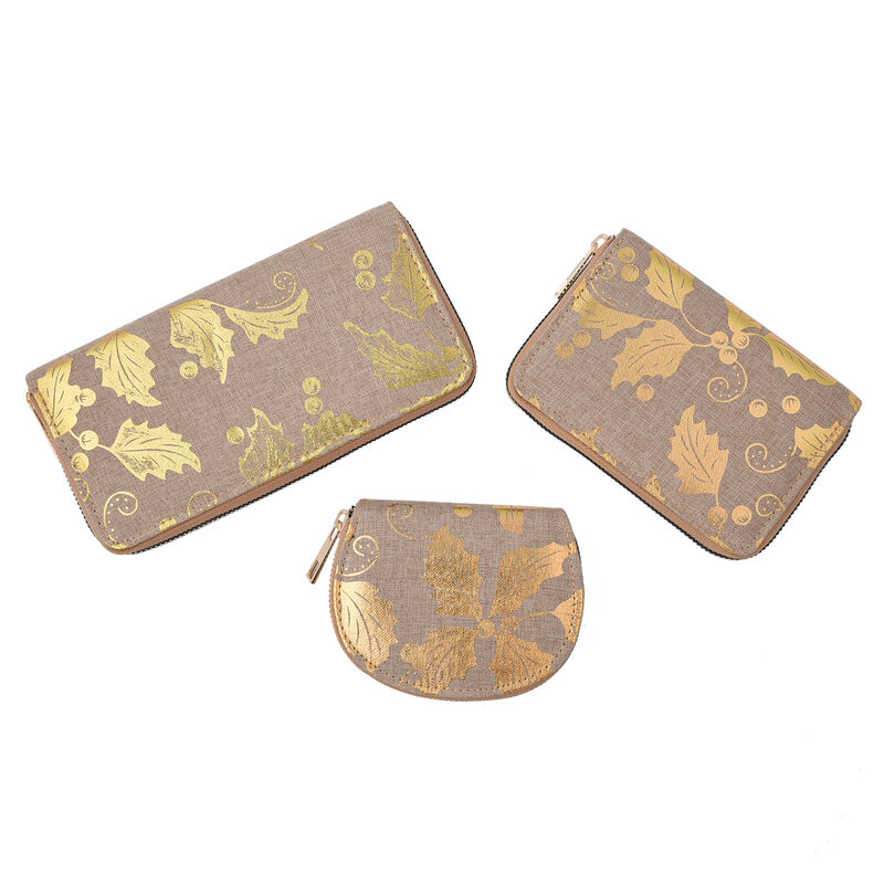 3er-Set Jute Brieftasche, Blattmuster, Größe 19,5x3x9,5 cm, Khaki und Gold image number 0