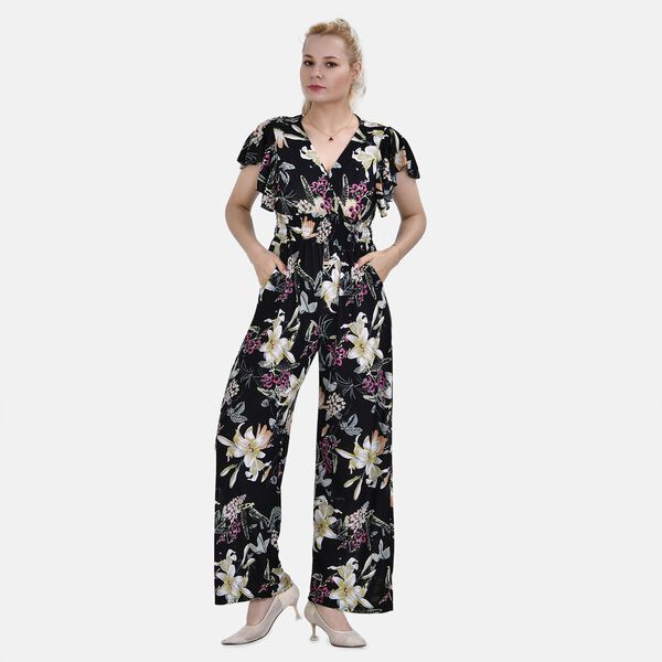 Jumpsuit mit gesmokter Taille und Flatterärmel, schwarz, Blumenmuster image number 0