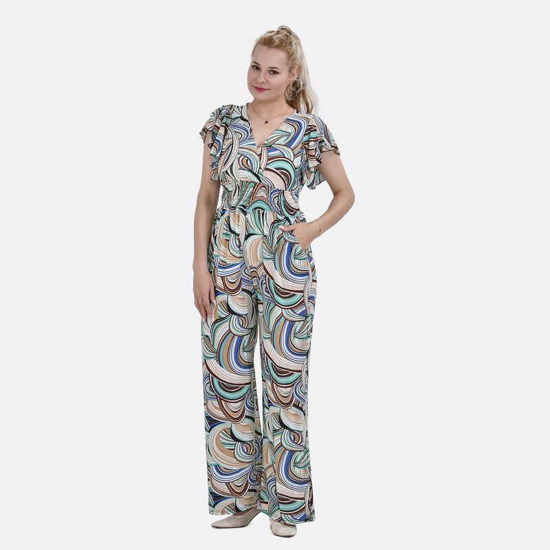 Jumpsuit mit gesmokter Taille und Flatterärmel, grün