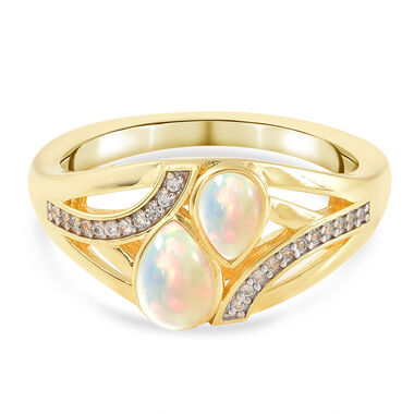 Natürlicher Äthiopischer Opal und Zirkon Ring 925 Silber Gelbgold Vergoldet