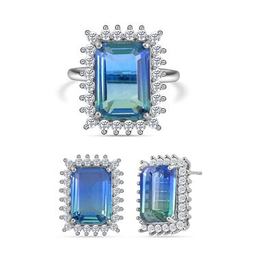 2er Set - blaues Turmalin Glas, weißer Zirkonia Ring und Ohrringe Set, Reines Messing