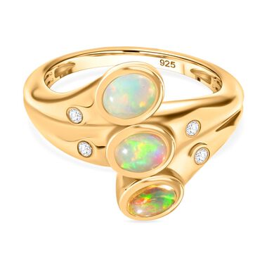 AA Natürlicher, äthiopischer Welo Opal, Weißer Zirkon Ring 925 Silber vergoldet (Größe 20.00) ca. 0,76 ct