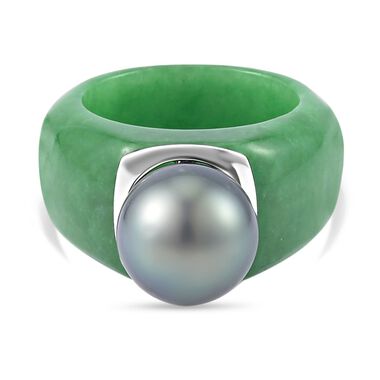 Grüne Jade, Tahiti Perle Ring (11-12 mm), 925 Silber rhodiniert, (Größe 16.00) ca. 44.57 ct