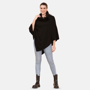 LA MAREY Pashmina Poncho mit Kunstfell Bordüre, Schwarz 