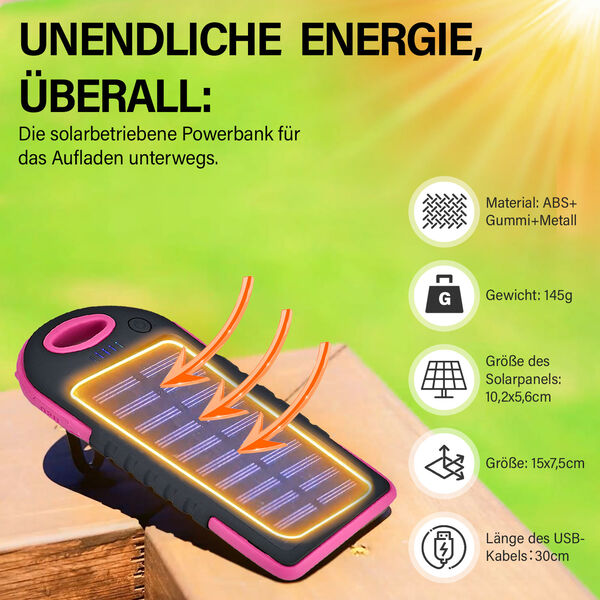 Solarbetriebene Powerbank mit USB Anschluss, Pink image number 1