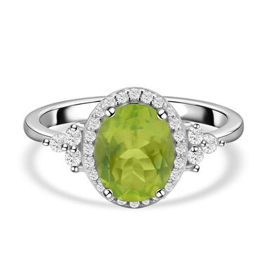 Natürlicher Peridot und Zirkon-Halo-Ring, 925 Silber rhodiniert, 3,15 ct.