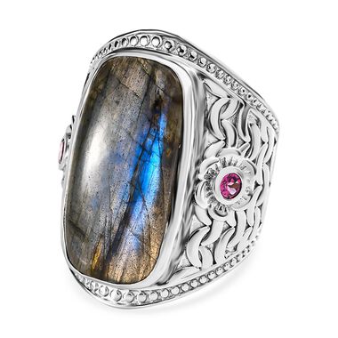 AAA Labradorit, Rhodolith Granat Ring, 925 Silber platiniert, (Größe 18.00) ca. 17.68 ct