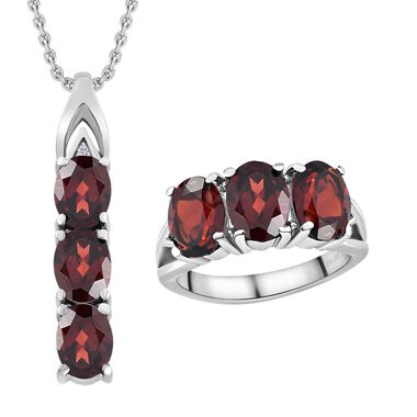 2er Set - Roter Granat Anhänger mit Kette und Ring, Edelstahl ca. 8.55 ct