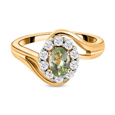 Natürlicher Merelani Mint-Granat und weißer Zirkon-Ring, 925 Silber Gelbgold Vermeil, ca. 0.97 ct