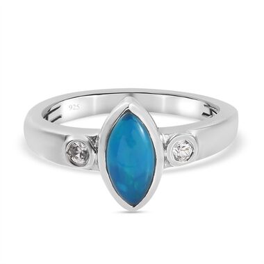 Blau gefärbter äthiopischer Opal und Zirkon Ring 925 Silber Platin-Überzug