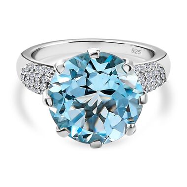 Himmelblauer Topas und weißer Zirkon Ring, 925 Silber platiniert (Größe 21.00) ca. 7.95 ct