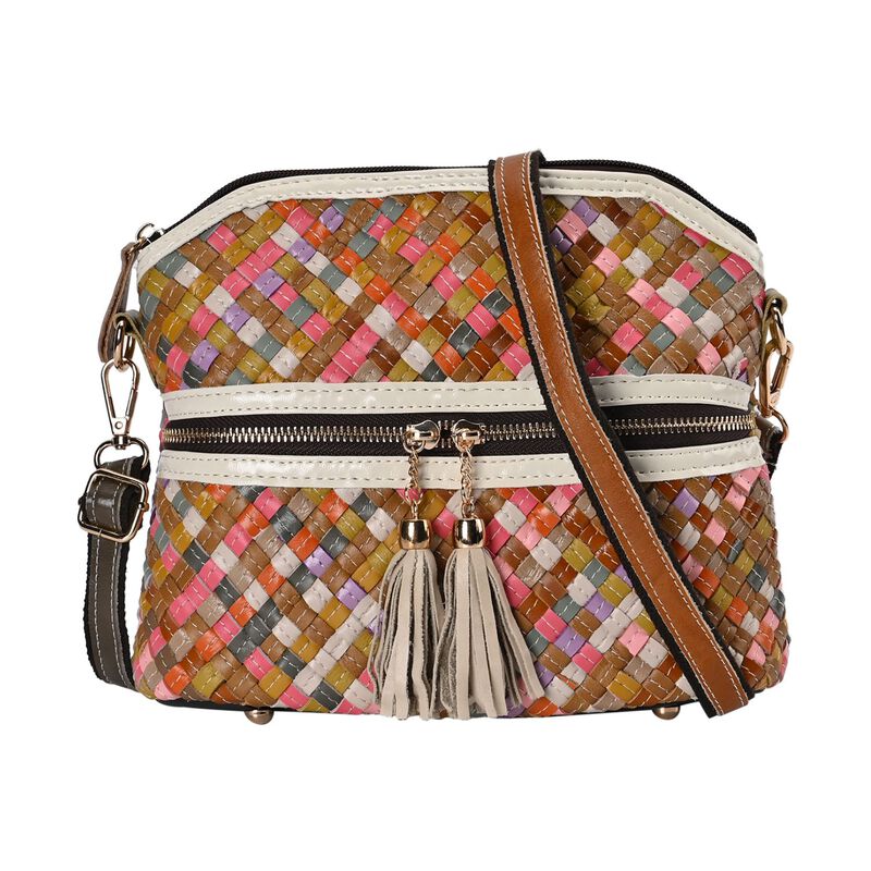 Chaos by Elsie - Gewebte Echtleder Crossbody Tasche, Beige image number 0