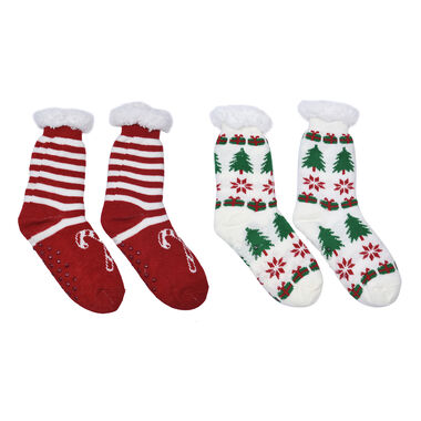 2er-Set - 2 Paar rutschfeste Haus Socken mit warmem Sherpa Futter, Einheitsgröße , Weihnachtsmotiv, Weiß und Rot 