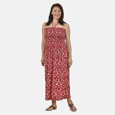 TAMSY - Gesmoktes Maxi-Kleid, Sommerkleid, Blumenmuster, rot