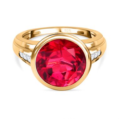 Magenta Rosa Quarz Triplette, weißer Zirkon Ring, 925 Silber vergoldet (Größe 16.00) ca. 5.34 ct