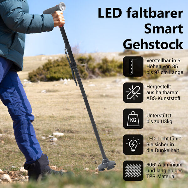 Klappbarer Smart-Walking-Stick mit drehbarem LED-Frontlicht image number 1